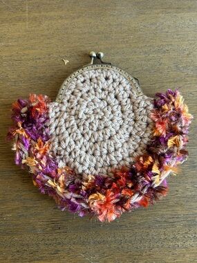 Handmade Crochet Beige Coin Purse with Multicolor Fringe.